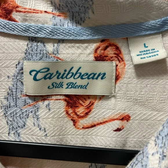 Caribbean Silk Blend Chic Coastal Shirt, Men’s L, White with Pink Flamingos - Picture 4 of 5